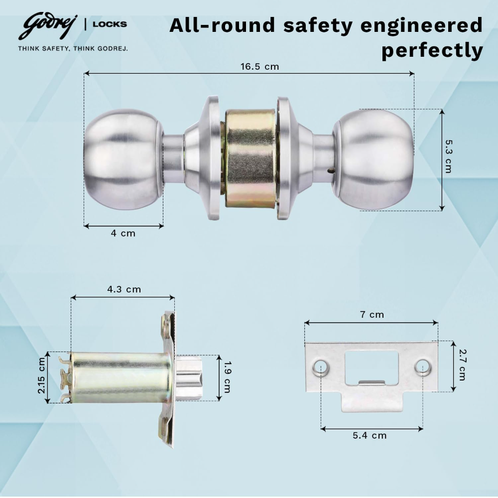 Godrej Cylindrical Lock I With 3 keys I Classic Range I For bedroom, For Home and Office I Suitable for Left  Right, Inside and Outside Opening Doors I Basket 70mm I Satin Steel Finish I  5 Years Warranty